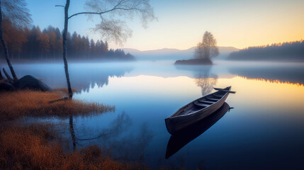 Quiet lake before dawn in the mist. Generative AI
