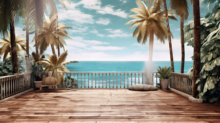 Fototapeta na wymiar Balcony with palm trees and sea view