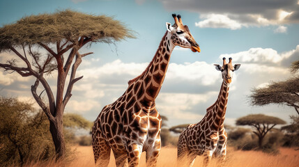Obraz premium Two giraffes standing next to each other in a field with trees in the background. Generative AI
