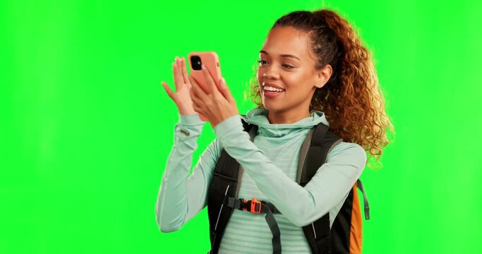 Green screen phone, hiking picture and happy woman trekking, journey and travel for outdoor nature photography. Social network update, chroma key smartphone and person post photo on studio background