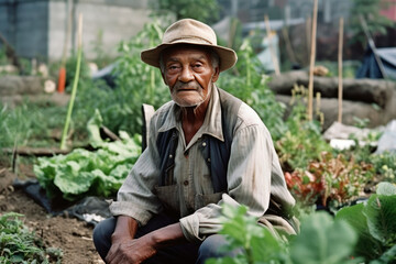 Naklejka na ściany i meble Senior man, taking care of his organic garden. Generative AI