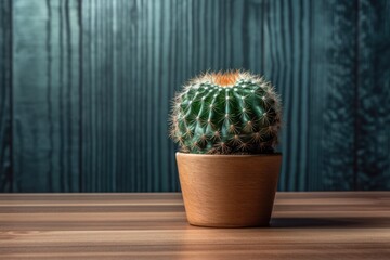 Placed on a wooden table is a cactus plant. Generative AI