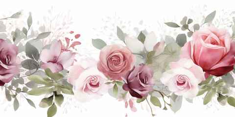 acuarela  con flores en tonos rosas, rojos, verdes y blancos sobre fondo blanco.Ilustracion de Ia generativa