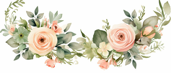 acuarela  con flores en tonos rosas, rojos, verdes y blancos sobre fondo blanco - obrazy, fototapety, plakaty