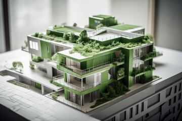 On top of the architect's designs, an apartment is highlighted in green on a white building mockup. Generative AI
