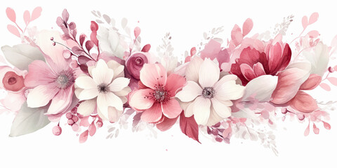 acuarela  con flores en tonos rosas, rojos, verdes y blancos sobre fondo blanco