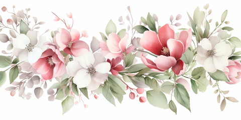 acuarela  con flores en tonos rosas, rojos, verdes y blancos sobre fondo blanco.Ilustracion de Ia generativa - obrazy, fototapety, plakaty