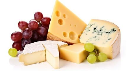 Different types of cheese with grapes isolated on white background, Generative AI