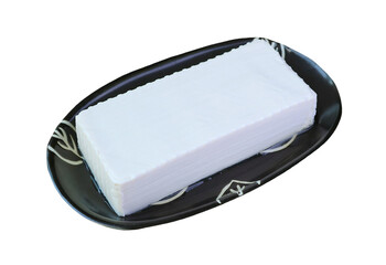 Fototapeta na wymiar A Fresh Tofu Bean Curd on Black Plate Isolated on Transparent Backdrop, PNG File
