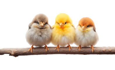 Fototapeta premium three cute little baby birds sitting on a tree branch outside in the nature. png with transparent background. Generative AI