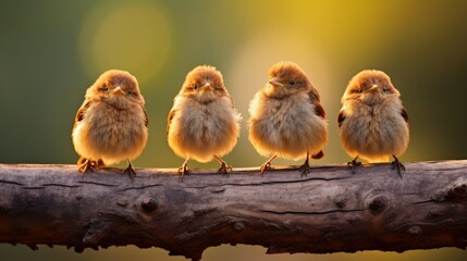 four cute little baby birds sitting on a tree branch outside in the nature. blur background with wildlife. Generative AI