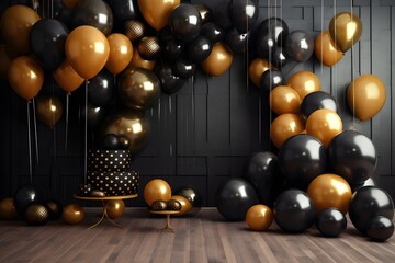 Group of Black and golden balloons with surprise gift inside empty black interior room, Balloons background for cover design