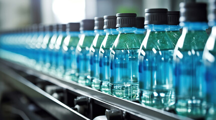 Line of bottling beverages in plastic bottles on clean light factory, Generative AI