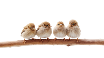 four cute little baby birds sitting on a tree branch outside in the nature. png with transparent background. Generative AI