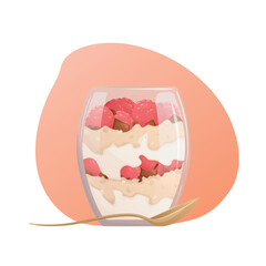 Colorful Sweet oatmeal in glass with yogurt, chocolate and raspberry. Healthy eating, nutrition, diet, cooking, breakfast menu, sweet food, dessert concept. Vector illustration for banner, menu.