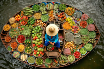 Fruit and vegetable market on boats in Thailand. Generative AI