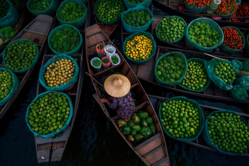 Fruit and vegetable market on boats in Thailand. Generative AI - obrazy, fototapety, plakaty