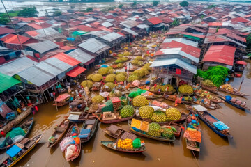 Fruit and vegetable market on boats in Thailand. Generative AI.