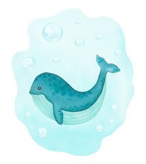 Watercolor illustration with cartoon cute blue whale hand drawn.