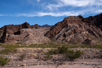 View of the rocky mountains and desert in Los Estratos, Quebrada de las Conchas, Salta, Argentina.