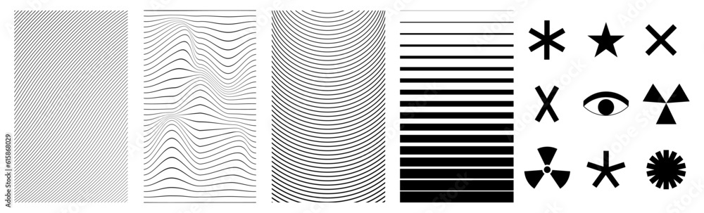 Poster Set of abstract aesthetic y2k geometric elements and 3D wireframe shapes. Black and white retro line design elements. Vector illustration for social network or poster on transparent background.