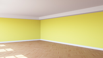 Corner of the Sunlit Interior with Yellow Walls, a White Ceiling and Cornice, Glossy Herringbone Parquet Floor, and a White Plinth. Unfurnished Room Concept. 3D render, 8K Ultra HD, 7680x4320, 300 dpi