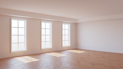 Beautiful Sunny Interior with White Walls, Three Large Windows, White Ceiling and Cornice, Glossy Herringbone Parquet Flooring and a White Plinth, 3D illustration. 8K Ultra HD, 7680x4320, 300 dpi