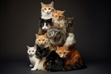 Studio shot of a stack of cute cats