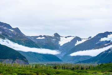 Fototapeta na wymiar Byron Glacier is located in Girdwood, Alaska on the Kenia Peninsula, sitting adjacent to Portage Lake and Portage Glacier.