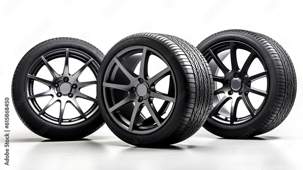 Wall mural set of car tires and wheels isolated on a white background. generative ai