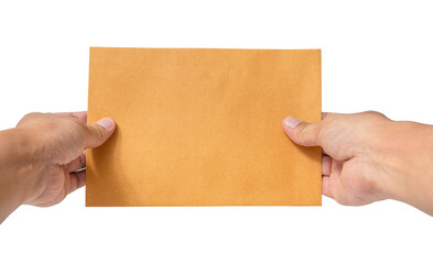 Man's hand holding envelope isolated on white background. Close up. High resolution product