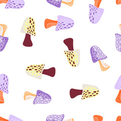 Magical fly agaric wallpaper. Seamless pattern with fairytail mushrooms.