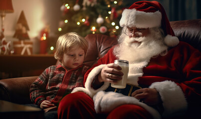 Fototapeta na wymiar Santa Claus and Little Boy on Christmas Eve. Created using generative AI tools