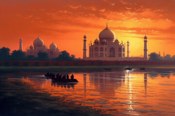 Obraz premium Taj Mahal Indian Palace at sunset. Generative AI.