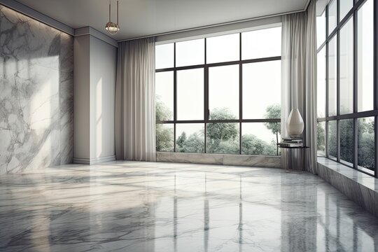 Room is empty and has a huge panoramic window, white vitrage, a gray curtain, and a gray marble floor. Generative AI