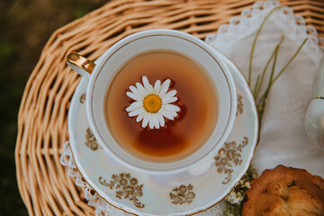 black tea in a cup with a chamomile flower 