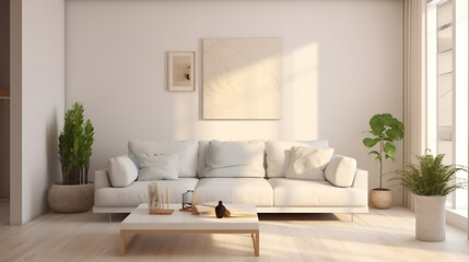 Fototapeta na wymiar Modern living room in white color with sofa. Scandinavian interior design. Generative AI