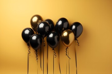 Bunch of shiny black and golden balloons on plain Yellow background, copy space