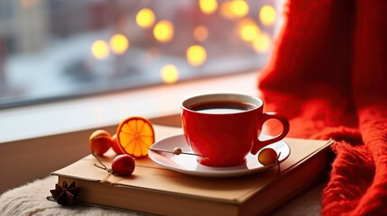 Obraz premium Red cup with hot coffee on the wooden cut with clementine mandarin, book and glowing christmas lights on the window sill. Holiday morning comfort concept. Generative AI