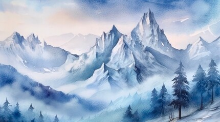 Winter landscape with snowy mountains and pine forest. Generative AI.