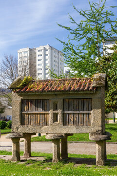 Typical Galician granary horreo in a park, Construction of popular architecture to store grain and other field products, Raised from the ground to avoid humidity and rodents, Pontevedra, Galicia