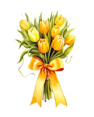 Obraz premium Bouquet of yellow tulips tied with yellow ribbon isolated on white background in watercolor style. Generative AI.
