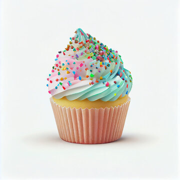 Cupcake with icing and sprinkles, dessert isolated on a white background, Ai generated image 