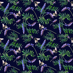 Seamless pattern with plant blue vetch and bumblebee. Watercolor illustration for wrapping, fabric, textile