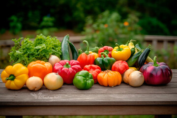 Vegetables on a wooden table in the organic garden. Generative AI.