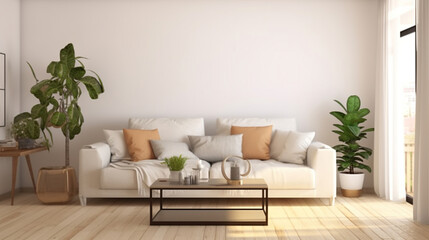 Naklejka premium Scandinavian interior design. Modern living room in white color with sofa. 3D illustration.. Generative AI