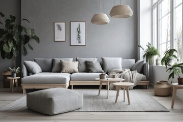 Scandinavian design, pleasant living room, modern interior. Gray sofa with several pillows, adjacent ambry, home with decorations and potted plants, daylight, no one, open space. Generative AI