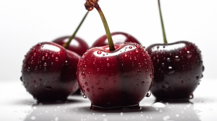 Close up shot of cherries on a white background