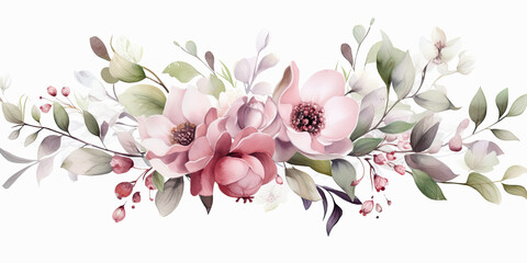 fondo de una pintura de acuarela  con flores en tonos rosas, rojos, verdes y blancos sobre fondo blanco.Ilustracion de Ia generativa - obrazy, fototapety, plakaty