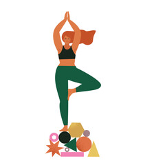 Girl with yoga balance. Self care, love, wellbeing. Art vector illustration